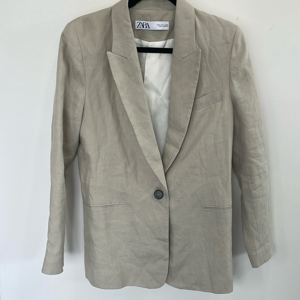 Zara linen tan beige single breasted single button work career office blazer S